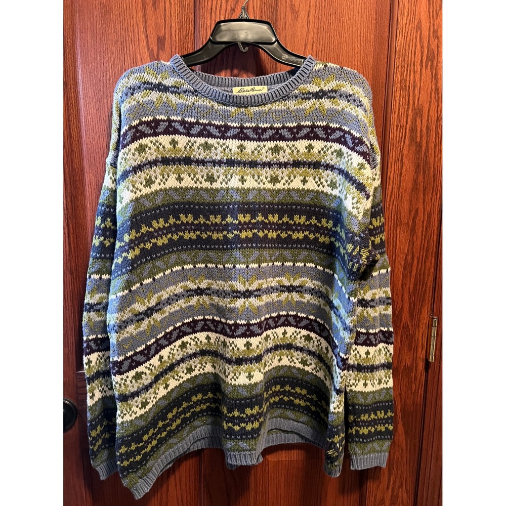 Eddie Bauer VTG 90s Fair Isle Cotton Sweater Blue Green XXL Tall Made in USA